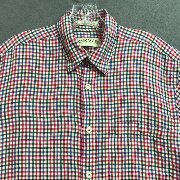 Orvis Shirt 100% Linen Mens Medium Short Sleeve Plaid Check - Picture 3 of 11